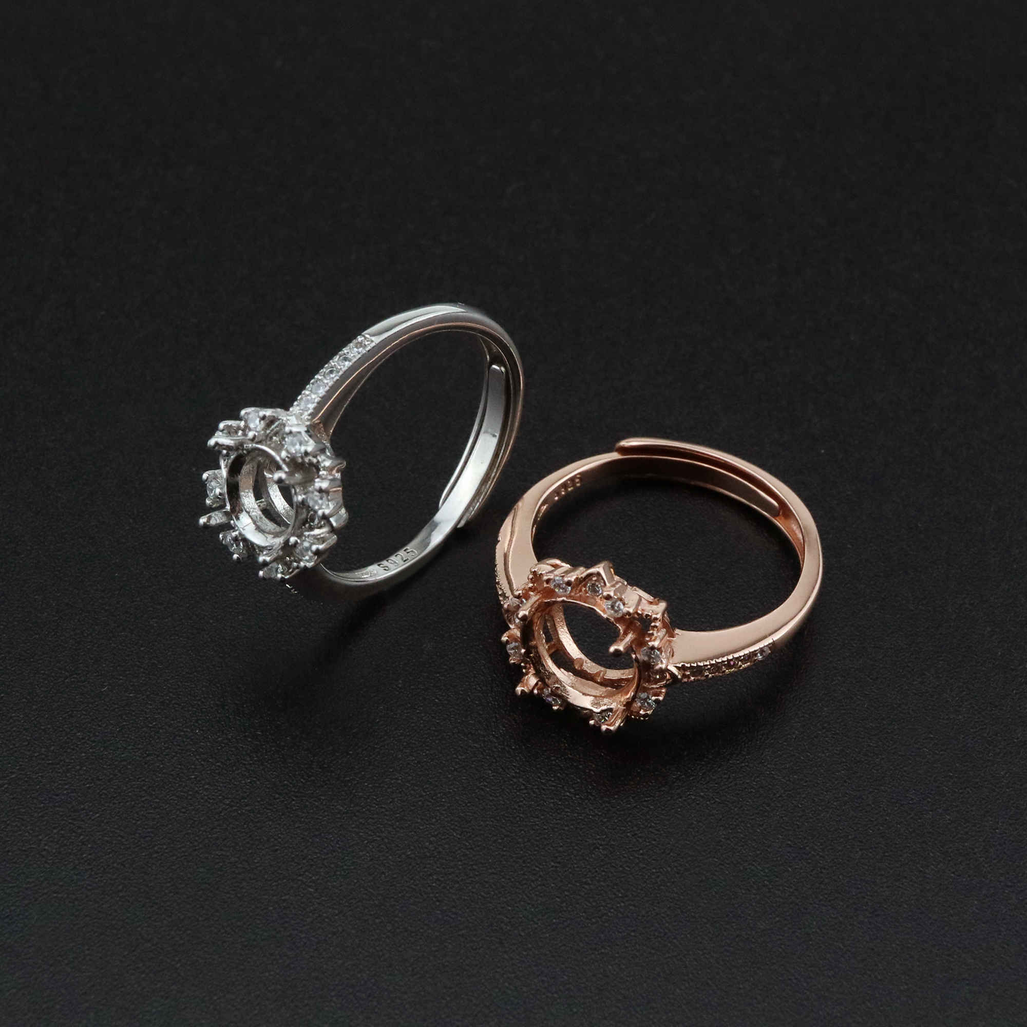 1Pcs 6-8MM Flower Round Prong Bezel Rose Gold Plated Solid 925 Sterling Silver Adjustable Ring Settings for Moissanite Gemstone DIY Supplies 1210051 - Click Image to Close